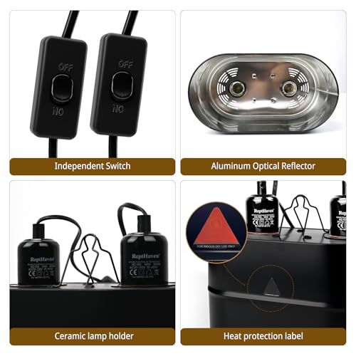 Dual Reptile Light Fixture Kit with 100W UVA Basking Bulb & 100W Infrared Heat Lamp,2-in-1 Deep Dome Day & Night Heating Combo for Bearded Dragon Turtle Snake Terrarium with Independent Switches