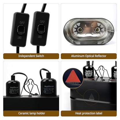 Dual Reptile Light Fixture Kit with 100W UVA Basking Bulb & 100W Infrared Heat Lamp,2-in-1 Deep Dome Day & Night Heating Combo for Bearded Dragon Turtle Snake Terrarium with Independent Switches