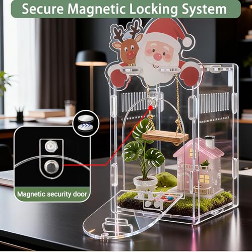 Santa Claus Jumping Spider Enclosure, Magnetic Acrylic Habitat Terrarium with Secure Doors, 4x4x6.3 Inch Small Desktop Decor Gift for Spider, Mantis, Beetles - size: 4"x4"x6.3"