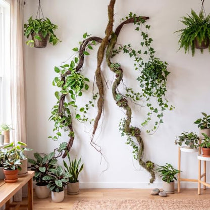 3 Pcs Large Bendable Fake Branch Set 47" Green Dried Rattan 51" Brown Large Tree Branch 47" Mossy Brown Twig Bundle Fake Tree Branches Decor for Home Wedding Jungle Party Greenery Backdrop