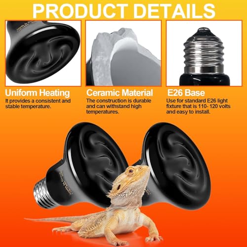 BNOSDM Reptile 100W Ceramic Heat Emitter,2 Pack Reptile Heat Lamp Bulbs,Ceramic Heat Lamp,Brooder Coop Heater for Amphibian Turtle Lizard Chicken - color: Pack of 2/Black, size: 100 Watts