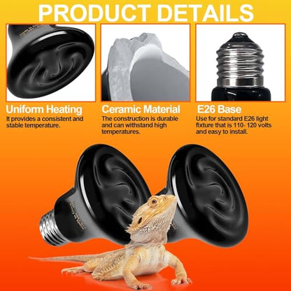 BNOSDM 75W Ceramic Heat Emitter,2 Pack Reptile Heat Lamp Bulbs,Ceramic Heat Lamp,Brooder Coop Heater for Amphibian Reptile Turtle Lizard Chicken - color: Pack of 2/Black, size: 75 Watts
