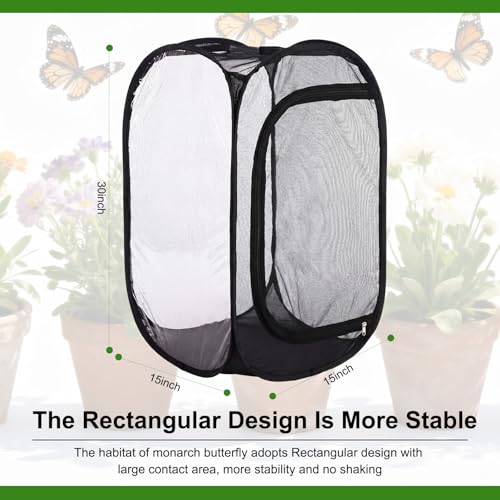 2 Pcs 30 Inch Large Butterfly Habitat Cage Giant Collapsible Insect Monarch Collapsible Heavy Duty Mesh Cage Enclosure Terrarium Pop-up with Zipper Protection, 15 x 15 x 30 Inches