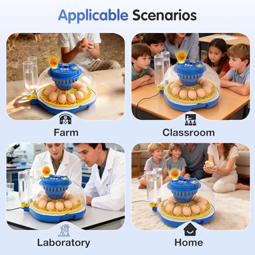 Chicken Egg Incubators for Hatching Eggs, 12 Egg Incubator with Automatic Egg Turning and Humidity Control – Chicken Incubators for Hatching Eggs with 360° View/Candler/Water Bottle Refill/Air Vent