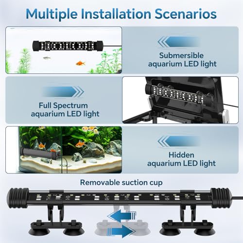 AQQA Submersible LED Aquarium Light, 24/7 Mode Full Spectrum Fish Tank Light, 4 Rows Beads with 9 Colors Choice, IP68 Waterproof Aquarium Plant Light, Adjustable Brightness Timer, 7 Adjustable Angle - size: 11.22In ( For 11.81''-22.83'' Length Fish Tank)