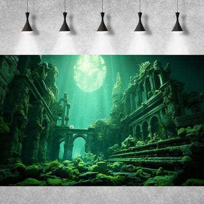 Underwater Aquarium Background Undersea Roman Building with Plants Around Seabed Fish Tank Background Underwater Building Stone with Moss Terrarium Background Undersea Aquarium Backdrop 30x18in - color: Ocean Green, size: 30(W)x18(H)in