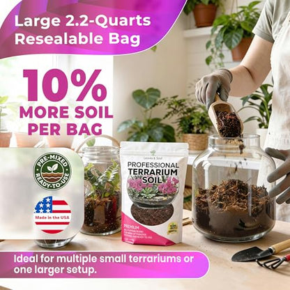 Professional Terrarium Soil Mix 2.2 Quarts Ready to Use, Premium Terrarium Potting Soil for Succulents Cactus Aloe Plants, Pine Bark Peat Coarse Sand, Well Draining Terrarium Mix Made in USA - color: Terrarium Soil, size: 2.2 Quarts