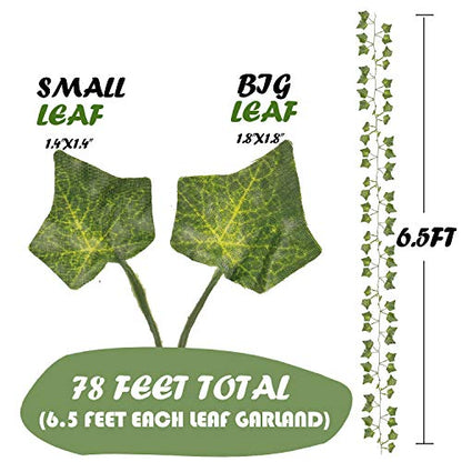 78Ft 12pcs Silk Artificial Ivy Vine Hanging Leaves Plant Greenery Decor Party Home Garden Wedding Wall Decor (Green)