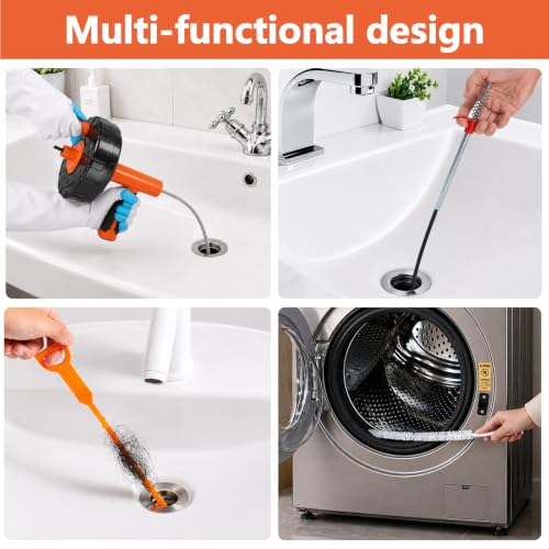 Drain Snake 8Set-33Ft Drain Clog Remover,34inch Heavy Duty Plumbing Snake,20inch Hair Clog Remover,18inch Cleaning Brush,Goggles and Gloves for Bathtub,Toilet,Sewer,Kitchen Sink,Drainage Pipe - style: 10SET Heavy Duty