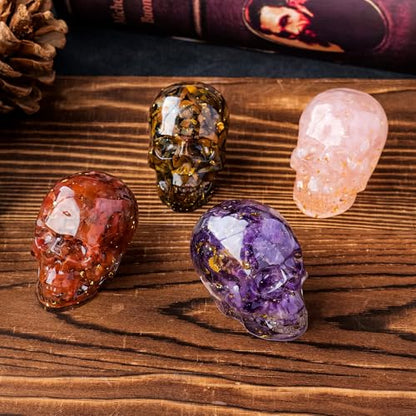 4 PCS Natural Crystal Skulls Halloween Realistic Looking Skulls Human Skeleton Head for Halloween Bar Home Table Decoration Gift (4-PCS-1)