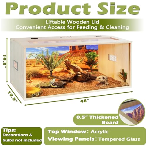 PROLEE Bearded Dragon Tank, 81 Gallons Wooden Reptile Enslosure, Tempered Glass Lizard Tank, Large Bearded Dragon Enclosure with Built-in Lamp Fixture for Lizard - size: 81 gallons