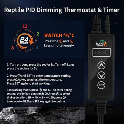 LUCKY HERP Reptile Dimming Thermostat, PID Heat Lamp Temperature Controller with LED Digital Screen for Reptile Heat Lamp Heat Mat & Heaters, Support ℉/℃, Memory Function