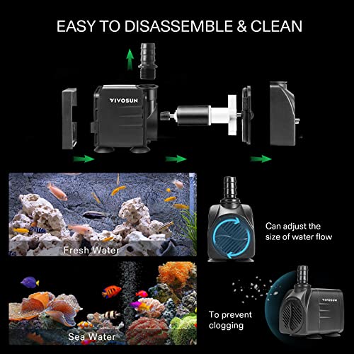 VIVOSUN 480GPH Submersible Pump(1800L/H, 25W), Ultra Quiet Water Pump with 7.2ft High Lift, Fountain Pump with 5ft Power Cord, 3 Nozzles for Fish Tank, Aquarium, Statuary, Hydroponics Black - size: 6"×4"-480