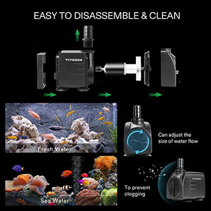 VIVOSUN 480GPH Submersible Pump(1800L/H, 25W), Ultra Quiet Water Pump with 7.2ft High Lift, Fountain Pump with 5ft Power Cord, 3 Nozzles for Fish Tank, Aquarium, Statuary, Hydroponics Black - size: 6"×4"-480