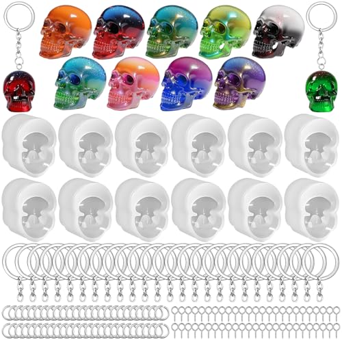 12 PCS Mini Skull Resin Molds, Little Skull Molds with 12 Pcs Key Ring Accessory, Epoxy Resin Casting Mold for Home and Halloween Decoration - color: Mini Skull white