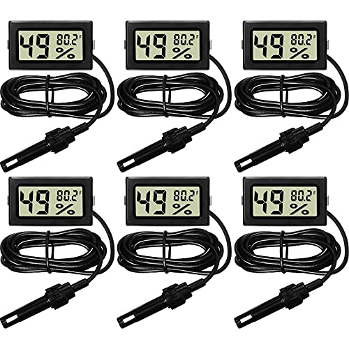 Weewooday Mini Digital Temperature Humidity Meters Gauge with Probe Gauge LCD Fahrenheit Display Thermometer Hygrometer for Incubator Reptile Plant Greenhouse Chicken Coop Garden(Black, 6 Pieces) - size: Black