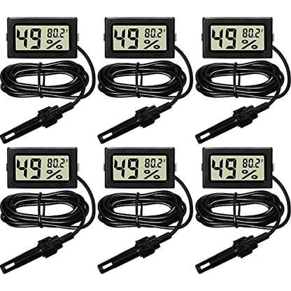 Weewooday Mini Digital Temperature Humidity Meters Gauge with Probe Gauge LCD Fahrenheit Display Thermometer Hygrometer for Incubator Reptile Plant Greenhouse Chicken Coop Garden(Black, 6 Pieces) - size: Black