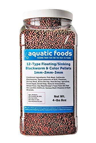12-Type Float/Sink Blackworm&Intense Color 1,2,3mm Pellets... 4-lb8oz L Jar | Floating & Sinking, Blackworm & Intense Coloring, 1mm, 2mm, 3mm, For Discus, Cichlids, All Tropicals, Koi and Pond Fish - size: 4.5 Pound (Pack of 1)
