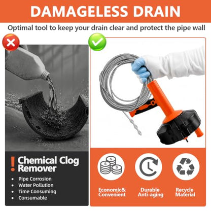 Drain Snake 8Set-33Ft Drain Clog Remover,34inch Heavy Duty Plumbing Snake,20inch Hair Clog Remover,18inch Cleaning Brush,Goggles and Gloves for Bathtub,Toilet,Sewer,Kitchen Sink,Drainage Pipe - style: 10SET Heavy Duty