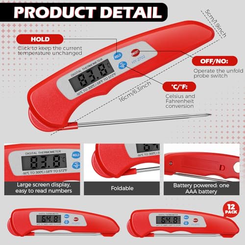 Xuhal 12 Pcs Digital Meat Thermometer with Probe Waterproof Instant Read Foldable Food Thermometer with Magnet for Kitchen Grilling Cooking Turkey Baking BBQ(Red) - color: Red