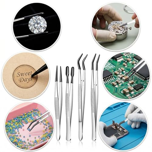 4 PCS Tweezers with Rubber Tips Set, PVC Coated Rubber Tip Tweezers for Crafting, Straight Flat Tip Long Bent Precision Tweezer Set for Crafts, Stamps, Beads, Jewelry, Lab Work