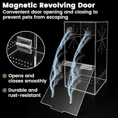 Jumping Spider Enclosure, 6"×6"×11.8" Escape Proof Transparent Acrylic Enclosure, Magnetic Door Acrylic Tarantula Terrarium with Feeding Port, Praying Mantis Terrariums, Arboreal Tarantula Cribs