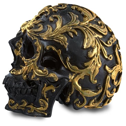 READAEER Small Size Human Skull Resin Statue Head Sculptures Skull Collectible Figurines (Black & Golden)
