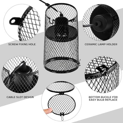 VIHOSE 2 Pcs Reptile Heat Lamp Guard with 150W Ceramic Heat Emitter Basking Anti Scald Heating Lamp Holder Mesh Cage Reptile Protection Lampshades for Lizard Snake Chick, Bulb Not Included (Black) - color: Black