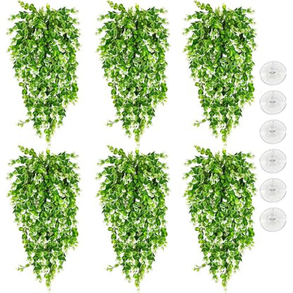 Hamiledyi 6 PCS Hanging Fake Plants for Reptiles, Fake Reptile Plants for Reptiles Tank with Suction Cup, Reptile Plants Jungle Hanging Vines for Bearded Dragon Tank (Green and White) - size: 6 PCS
