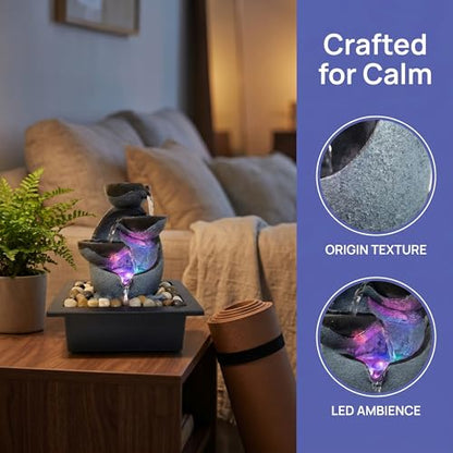 Tabletop Water Fountain with LED Lights, Indoor Resin Waterfall Fountain for Desk Office Home Decor, Zen Meditation Relaxation Feature with ON/Off Switch and Pebbles - size: A