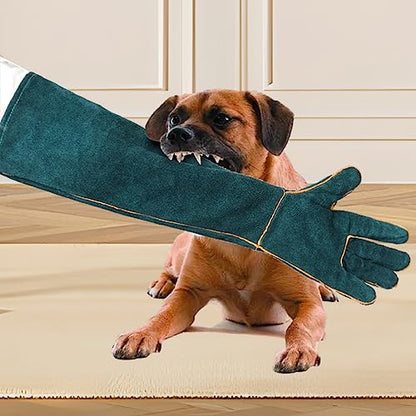 1 Pair Animal Handling Gloves Bite Proof,Leather Welding Gloves,24.4in Reinforced Leather Gloves with 2 Tweezers for Dog Training,Cat,Falcon,Reptile(Blue)