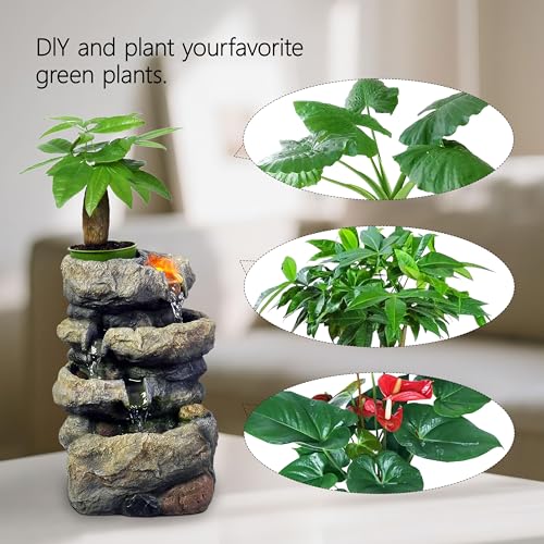 Kalona Tabletop Waterfall Fountain Rockery Fountains Soothing Sound Tabletop Fountains Home/Office Decor with a Small Plastic Pot to Grow The Plant by Yourself(Automatic Watering)(22020) - color: Grayish-brown