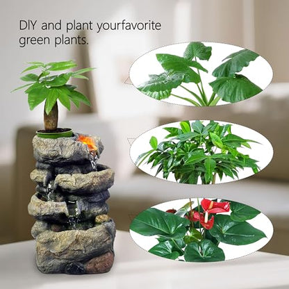 Kalona Tabletop Waterfall Fountain Rockery Fountains Soothing Sound Tabletop Fountains Home/Office Decor with a Small Plastic Pot to Grow The Plant by Yourself(Automatic Watering)(22020) - color: Grayish-brown