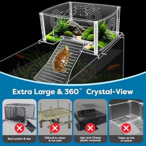 Extra Large Turtle Topper Basking Platform for Aquatic Turtles 40B/75G, Above Tank Turtles Sunbathing Dock Anti-slip Ramp Aquatic Reptile Climbing Pier Resting Terrace with Feeding Area Accessories