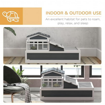 Reliable Spacious Durable Secure Premium Robust Wooden 3-Room 2 Stories Tortoise Habitat with Balcony 44x25.5x23 Overall Dimensions Gray