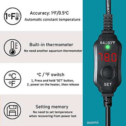 Mini Submersible Aquarium Heater, 25/50/100/150/200/300 Watts Adjustable Fish Tank Heater, Built-in Thermometer, External Temperature Controller, Smart Memory, Used for 1-60 Gallons (20W Plug) - size: 20W PLUG