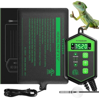 VIVOSUN Reptile Heating Pad 8x12 Inch with Thermostat Combo Under Tank Terrarium Heating Mat for Turtles, Lizards, Frogs, and Other Reptiles - size: 8X12 Inch with Thermostat