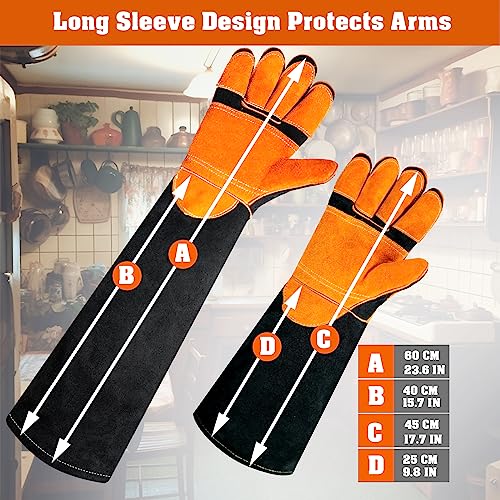 Leather-Welding-Gloves Heat/Fire-Resistant Kevlar-Gloves for BBQ,Grill,Camping,Stick,Animal-Handling-Gloves - color: Black, size: 17.7 inch