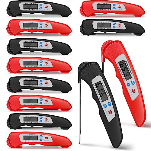 Xuhal 12 Pcs Digital Meat Thermometer with Probe Waterproof Instant Read Foldable Food Thermometer with Magnet for Kitchen Grilling Cooking Turkey Baking BBQ(Black, Red) - color: Black, Red