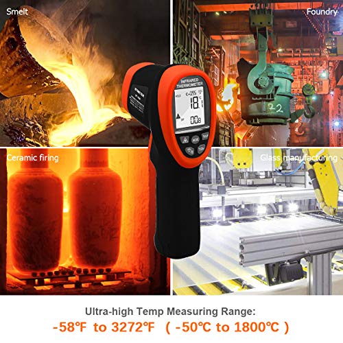 BTMETER BT-1800 Non Contact Pyrometer High Temperature Infrared Thermometer Gun -58°F ~3272°F (-50~1800℃) DS 50:1 for Metal Melting Furnace Forge Kiln Tempe Tester (Not Accurate for Human Temp) - color: BT-1800 Blue (-58°F ~3272°F)