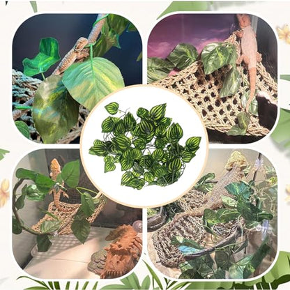 PINVNBY Bearded Dragon Hammock with Suction Cups,Lizard Lounger Natural Seagrass Reptiles Hammocks Reptile Tank Accessories Jungle Plants Climber Vines Leaves Habitat Decor for Lizards Chameleon Gecko