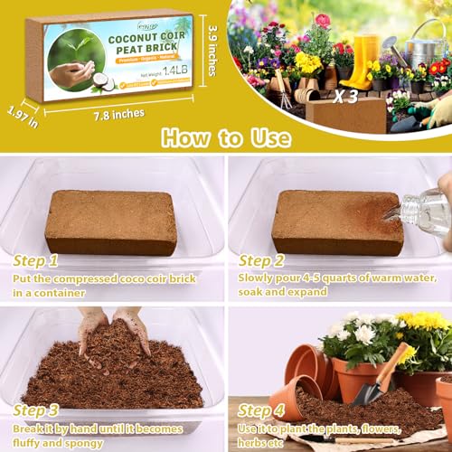 Legigo Pack of 3 Organic Coco Coir Bricks- 100% Natural Compressed Coco Peat Brick Coconut Fiber Substrate with Low EC& pH Balance, Coir Plant Soil Enhance Root Growth for Herbs, Flowers, House Plants - color: Pack of 3