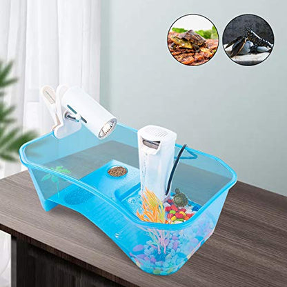 Turtle Tank with Multi-Function Areas, Easy Assembly, Ideal for Small Turtles & Reptiles, Includes Plastic Tree & Fishing Net - color: Blue