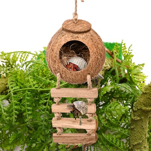 U0U Hermit Crab Coconut Husk Hut with Branch Ladder,Coconut House Hermit Crab Shells Reptile Habitat,Coconut Nest Hangable Suitable for Animal Hiding Sleep (Coconut Shell with Fiber)