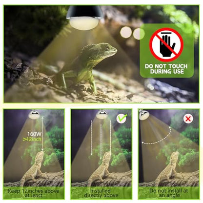 160W UVA UVB Vapor Reptile Heat Lamp, High Intensity Self-Ballasted UVB Basking Lamp Bulb,Full Spectrum Sun Light for Reptiles and Amphibians - size: UV 160W