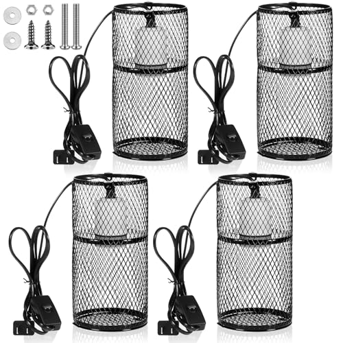 VIHOSE 4 Pcs Reptile Heat Lamp Guard with 150W Ceramic Heat Emitter Basking Anti Scald Heating Lamp Holder Mesh Cage Reptile Protection Lampshades for Lizard Snake Chick - color: White