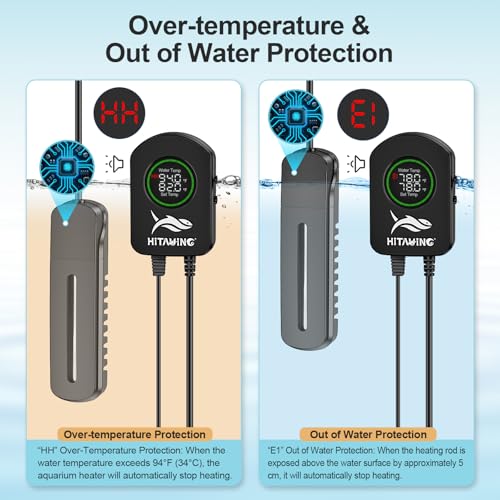 HiTauing Aquarium Heater, 100W/200W/300W/500W Fish Tank Heater with Upgraded LED Large Display, Up/Down Control Buttons and Intelligent Leaving Water Automatic Power-Off for Saltwater and Freshwater - size: 100W for 10-20 Gallon