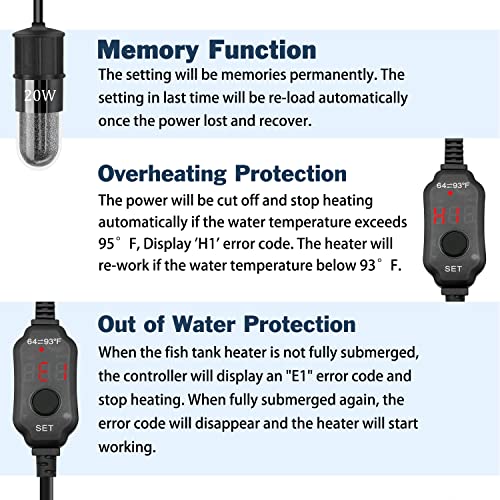 YOFOTHS Adjustable Mini Aquarium Heater 0.5/1/2/3 Gallon Submersible Small Fish Tank Heater 10W/20W/30W Digital Display Thermostat External Temperature Controller(20W) - size: 20W