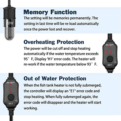 YOFOTHS Adjustable Mini Aquarium Heater 0.5/1/2/3 Gallon Submersible Small Fish Tank Heater 10W/20W/30W Digital Display Thermostat External Temperature Controller(20W) - size: 20W