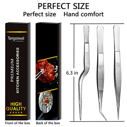 Kitchen Cooking Tweezers Culinary,3 Piece Set Stainless Steel Tweezer Precision Tongs Offset Tip for Cooking Food Design styling(6.3-Inch)
